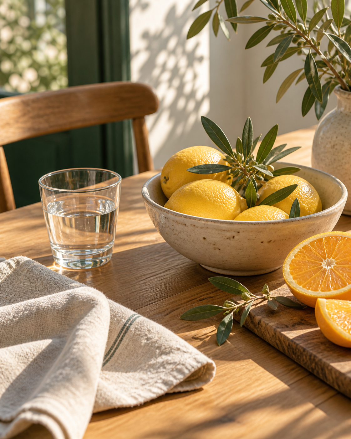 Zitrusfrüchte, ein Glas Wasser und Leinen im warmen Morgenlicht